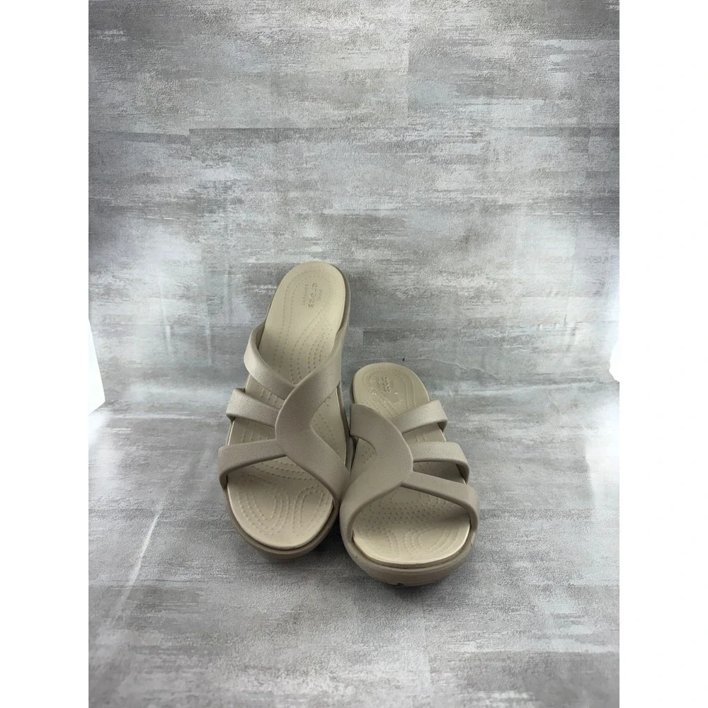 Crocs Monterey Strappy Wedge Sandals Oyster Tan Slides 204010 Women Sz 9